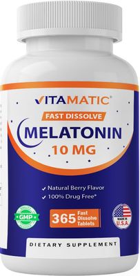 Vitamatic Melatonin 10 mg Tablets Vegetarian, Non-GMO, Gluten-Free 1-Year Supply Natural Berry Flavor - 365 Tablets
