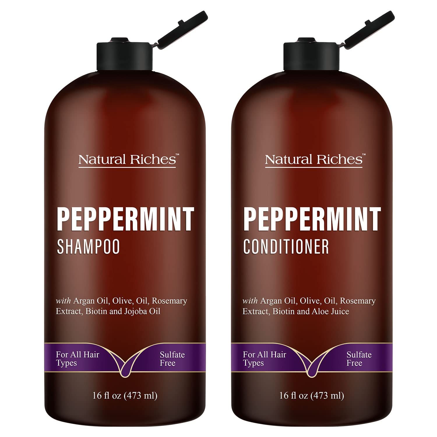 Natural Riches Peppermint Shampoo Conditioner Set - Clarifying Formula for Thinning Hair, Fights Hair Loss, Promotes Hair Growth, Hydrating Refreshing, Sulfate Free for Men Women, 16 fl oz each