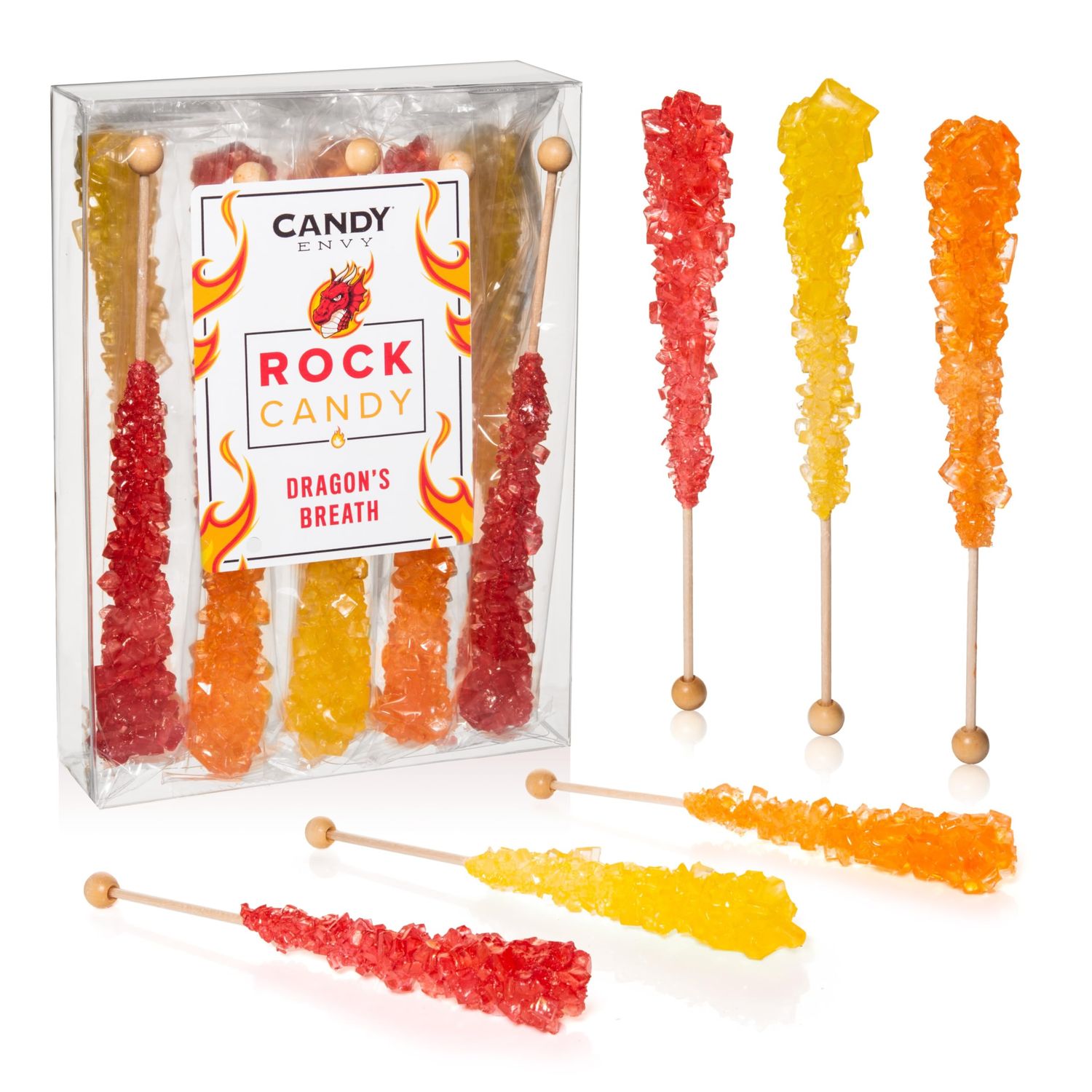 Candy Envy - Dragon&#39;s Breath Rock Candy Sugar Sticks - 10 Individually Wrapped Treats - Red, Orange, Yellow