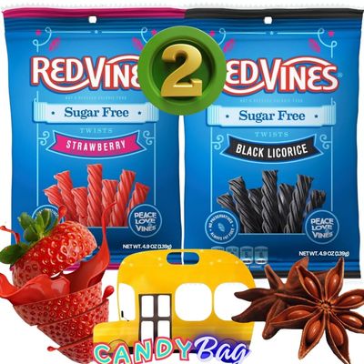 (PACK OF 2) Sugar Free Red Licorice Vine Twists Candy - Original Black and Strawberry Soft Chewy - 1 Bag of 4.9oz of Each Flavor - Comes With One Bus Resealable ZipBag