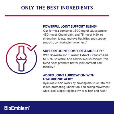 BioEmblem Joint Support - Glucosamine Chondroitin MSM 1500 MG - with Boswellia, Turmeric Hyaluronic Acid - Joint Health Supplement, Mobility, Flexibility, Cartilage - Non-GMO - 90 Caps