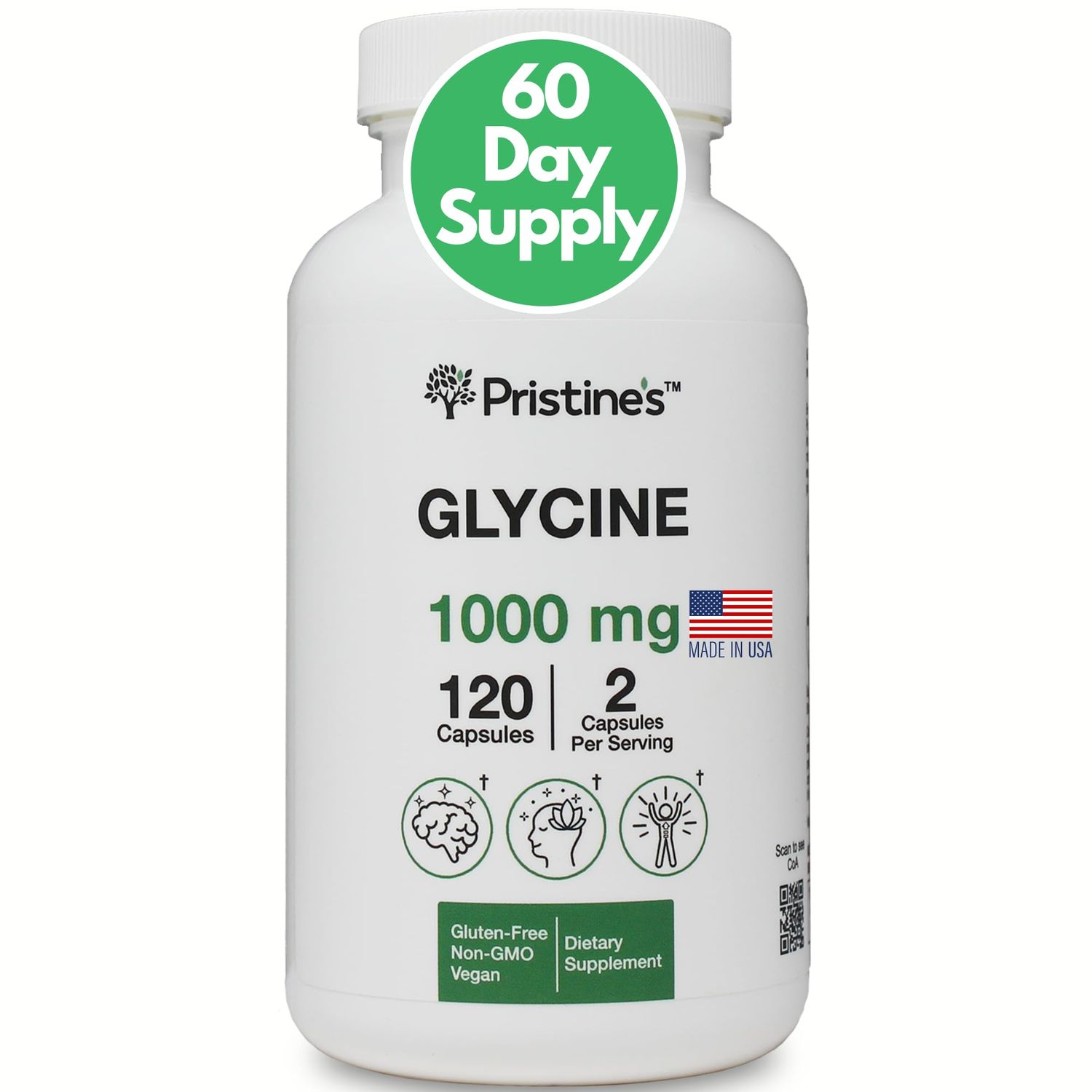 PRISTINE&#39;S Glycine 1000MG Amino Acid Sleep Support Supplement Capsules - 60 Day Supply - Muscle Recovery, Collagen Kidney Support Supplement - Vegan, Non GMO, Gluten Free