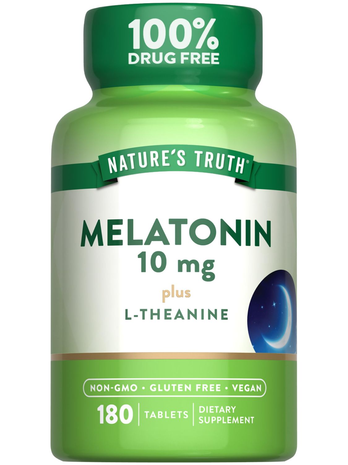 Nature&#39;s Truth Melatonin Tablets 10mg 180 Count with L-Theanine 100 Drug Free Supplement for Adults Vegan, Non-GMO Gluten Free Supplement