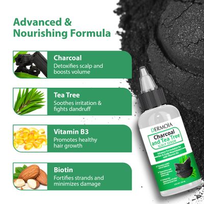 DERMOIA Scalp Serum with Charcoal Tea Tree - Non GMO Scalp Moisturizer for Dry Itchy Scalp Relief - Fragrance Free Serum with Tea Tree Oil for Scalp Treatment - Rejuvenating Hair Serum with Vitamin