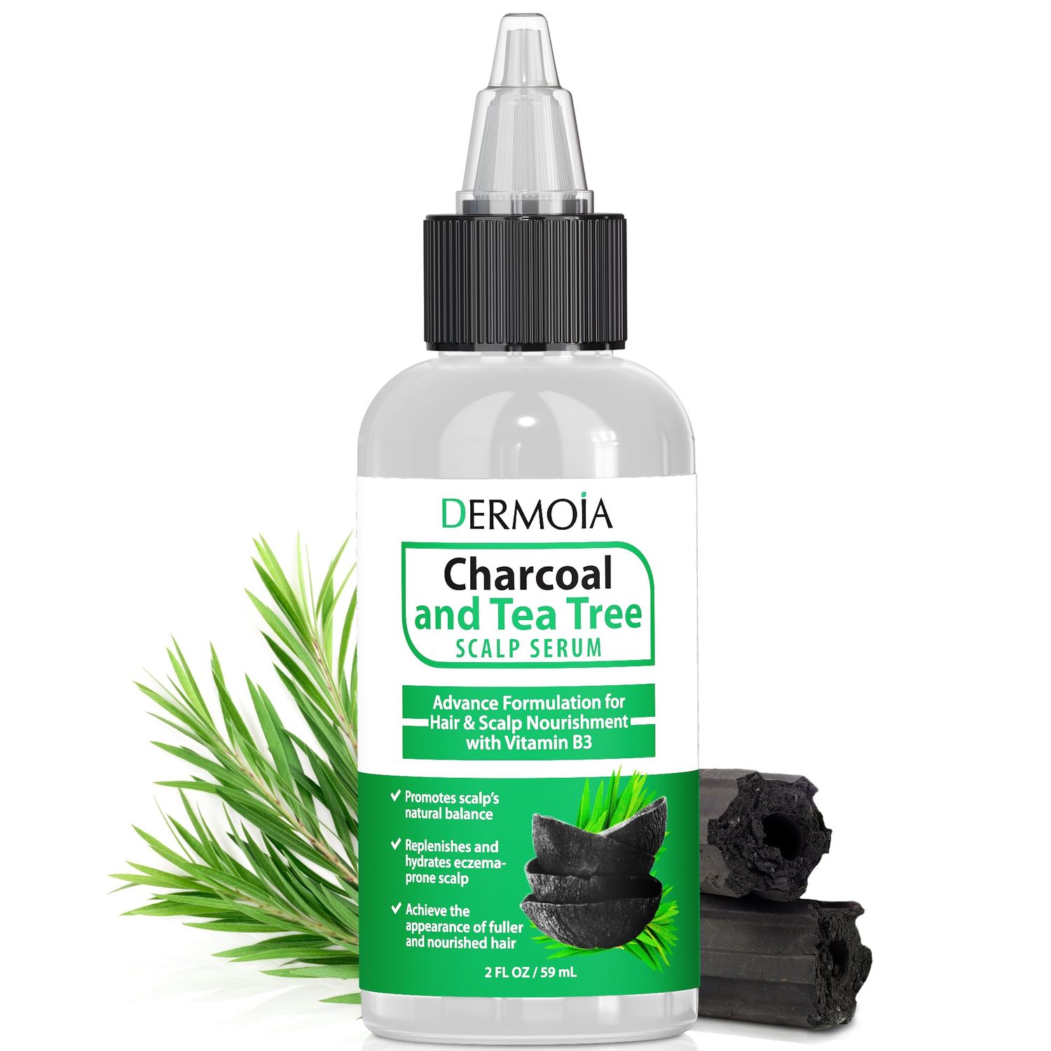 DERMOIA Scalp Serum with Charcoal Tea Tree - Non GMO Scalp Moisturizer for Dry Itchy Scalp Relief - Fragrance Free Serum with Tea Tree Oil for Scalp Treatment - Rejuvenating Hair Serum with Vitamin