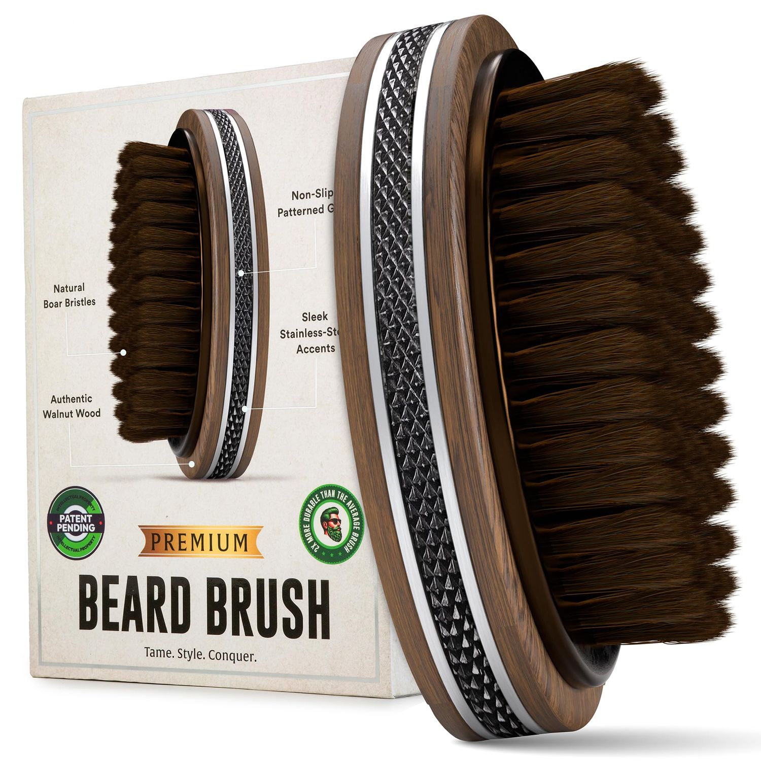 360 Wave Natural Boar Bristle Beard Brush for Men - Hair Growth Follicle Stimulator Boosts Circulation - Detangles Exfoliates - Beard Oil Grooming Tool - Walnut Wood Rubber Grip - Alpha Organics