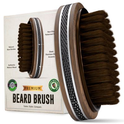360 Wave Natural Boar Bristle Beard Brush for Men - Hair Growth Follicle Stimulator Boosts Circulation - Detangles Exfoliates - Beard Oil Grooming Tool - Walnut Wood Rubber Grip - Alpha Organics