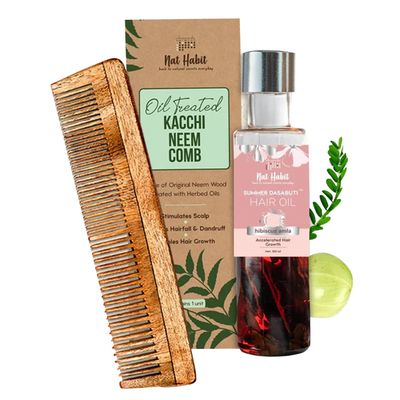 Nat Habit - Back To Natural Secrets Everyday Dual Tooth Wooden Kacchi Neem Comb Hibiscus Hair Oil, With Castor, Coconut Amla (Combo Pack Of 2)