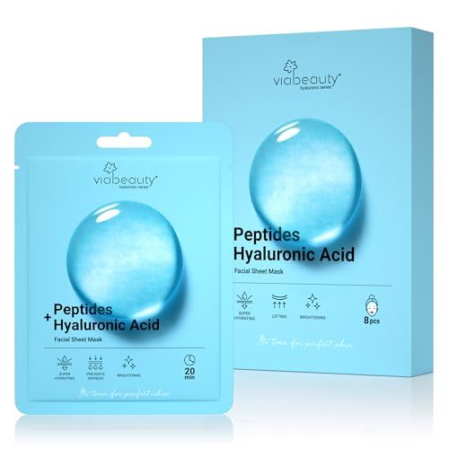 VIABEAUTY 8 Pack Hyaluronic Acid Face Mask with Peptides Complex - Deep Hydrating Brightening Facial Sheet Mask - Moisturizing Face Masks Skincare Facial Sheets for All Skin Types