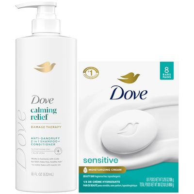 Dove Dandruff Shampoo Conditioner 2-in-1, DermaCare Calming Relief with Pyrithione Zinc Beauty Bar Soap for Sensitive Skin 8-Pack - Relief for Itchy Scalp and Dry Skin (9 Piece Set)