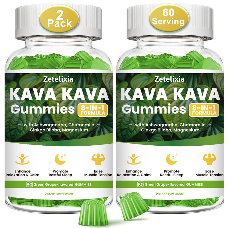 2 Pack Kava Kava Gummies, Kava Kava Root Extract Supplement with Kavalactones, Calm Gummies for Stress Relief Better Sleep, Melatonin Free, Sugar Free, Vegan, Non-GMO, Green Grape Flavor, 120 count