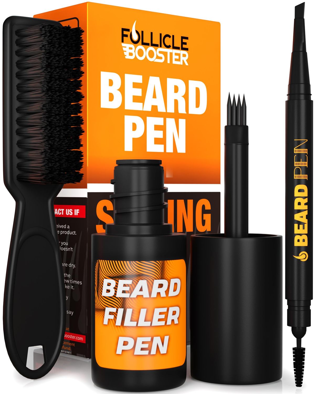 FOLLICLE BOOSTER Beard Pen Filler Styling Kit for Men - 3-in-1 Filling Set with 4-Tip Fork, Normal Pencil, and Brush - Waterproof, Sweatproof All-Day Hold - Brown