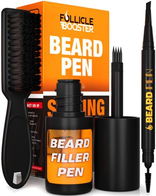 FOLLICLE BOOSTER Beard Pen Filler Styling Kit for Men - 3-in-1 Filling Set with 4-Tip Fork, Normal Pencil, and Brush - Waterproof, Sweatproof All-Day Hold - Brown