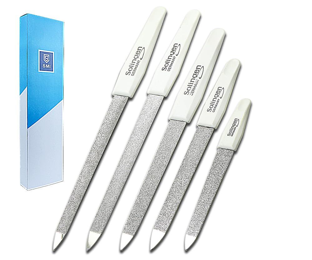 SMI 5 Pcs Solingen Germany Sapphire Metal Nail File Set 1 Curved File - Fine and Coarse Nail Files - Double Sided Professional Manicure Pedicure Kit Best Nail File for Fingernail Toenail Care