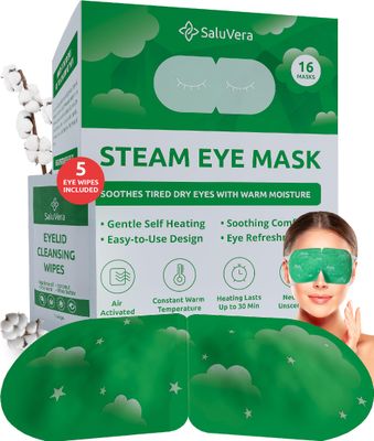 SaluVera Steam Eye Mask for Dry Eyes with 5 Eyelid Cleansing Wipes, Self Heating Eye Compress for Dry Eyes, Soothe and Relax with 40-50 min Spa Eye Mask, Self Warming Eye Mask for Well-Being 16 pcs