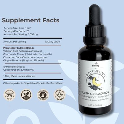 Herbity Nighttime Calm - Valerian Chamomile Sleep Drops with Cinnamon Ginger - Alcohol-Free Herbal Tincture for Relaxation Wind-Down (3.4 fl oz)
