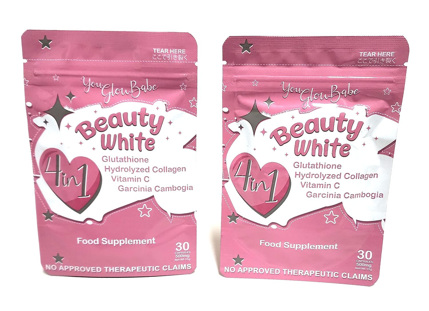 You Glow Babe Beauty White 4 in 1 Glutathione Food Supplement, Size 15gram Each (Pack of 2) 30 x 2-60 Capsules