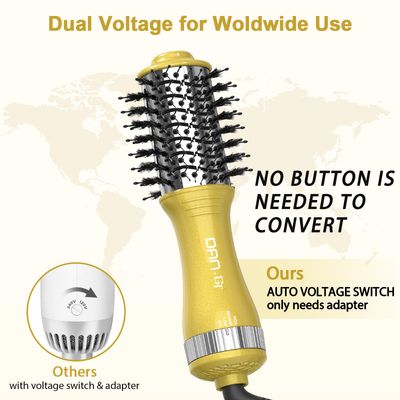 DAN Technology 10-Inch Dual Voltage Hot Air Brush, 2-Inch Oval Styling Tool, Compact, Portable, Travel-Friendly, Gold, Titanium Coated, 2 Speeds 3 Temperatures, 600W, Fine Hair Friendly