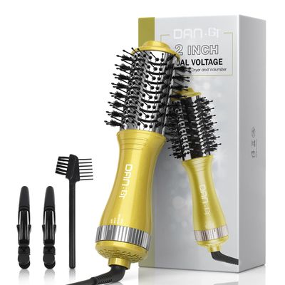 DAN Technology 10-Inch Dual Voltage Hot Air Brush, 2-Inch Oval Styling Tool, Compact, Portable, Travel-Friendly, Gold, Titanium Coated, 2 Speeds 3 Temperatures, 600W, Fine Hair Friendly
