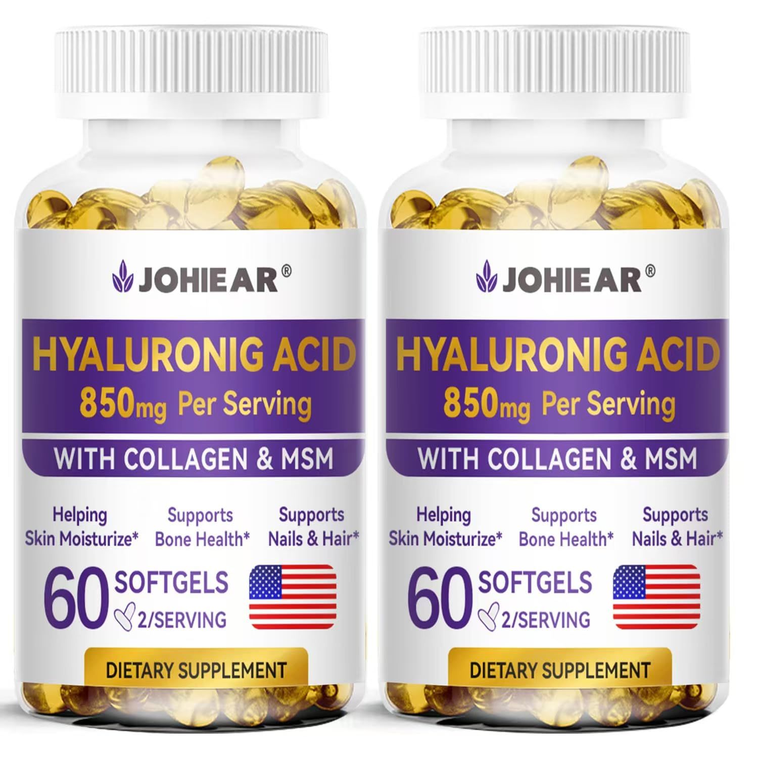 Hyaluronic Acid Supplements, 850mg High Bioavailable Dietary Hyaluronic Acid Capsules, Double Strength Skin Hydration, Joint Lubrication, Eye Health, Hair Nails Growth Support, 60 Softgels, 2 Pack