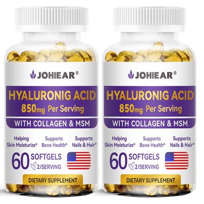 Hyaluronic Acid Supplements, 850mg High Bioavailable Dietary Hyaluronic Acid Capsules, Double Strength Skin Hydration, Joint Lubrication, Eye Health, Hair Nails Growth Support, 60 Softgels, 2 Pack