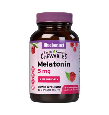 Bluebonnet EarthSweet Melatonin 5 mg Fast-Acting Quick Dissolve Nighttime Relaxation Restful Sleep Support - Sleep Aid - Gluten-Free, Vegan - Raspberry Flavor - 60 Chewable Tablets