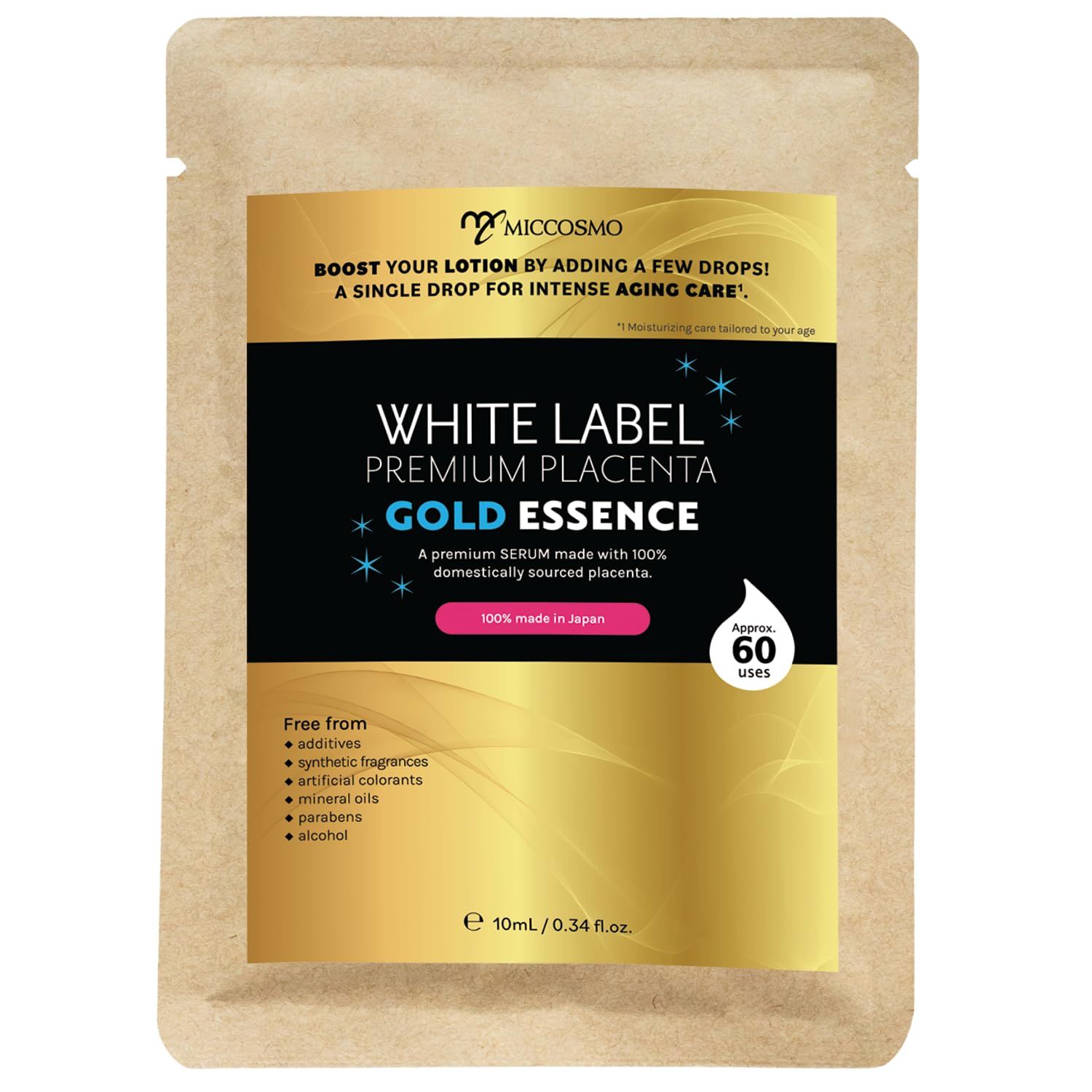 White Label Premium Placenta Gold Essence 10ml - Japanese Anti-Aging Serum with Placenta, Hyaluronic Acid Collagen - Hydrating Care for Dry, Dull or Sagging Skin