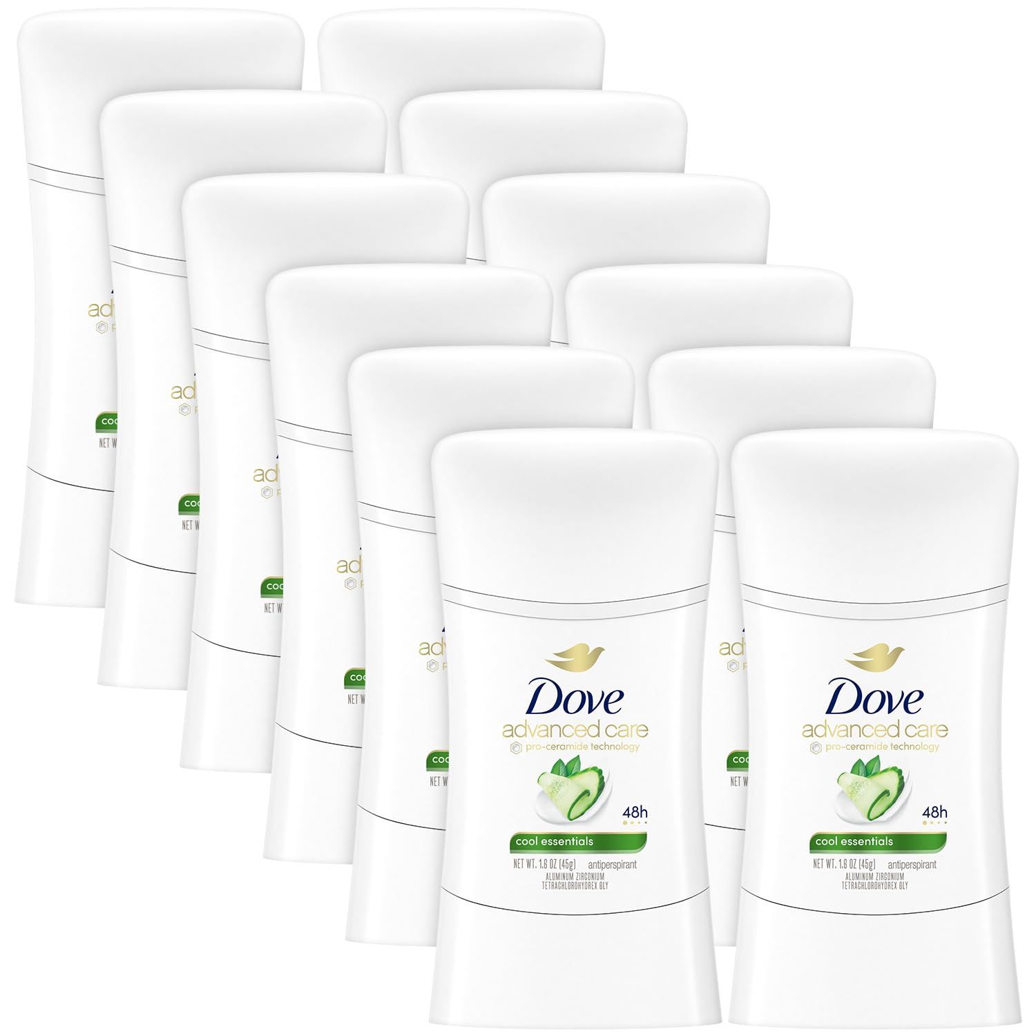 Dove Advanced Care Antiperspirant, Cool Essentials, 12-Pack - Moisturizing Deodorant Stick with 48H of Sweat Protection, 1.6 Oz Ea