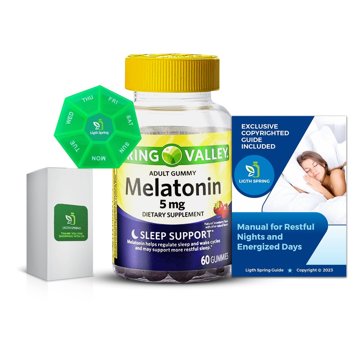 Melatonin Adult Gummies 5 mg, Sleep Support 60 Count with bundle Exclusive Better LigthSpring Guide Weekly Pill Organizer (3 Items)