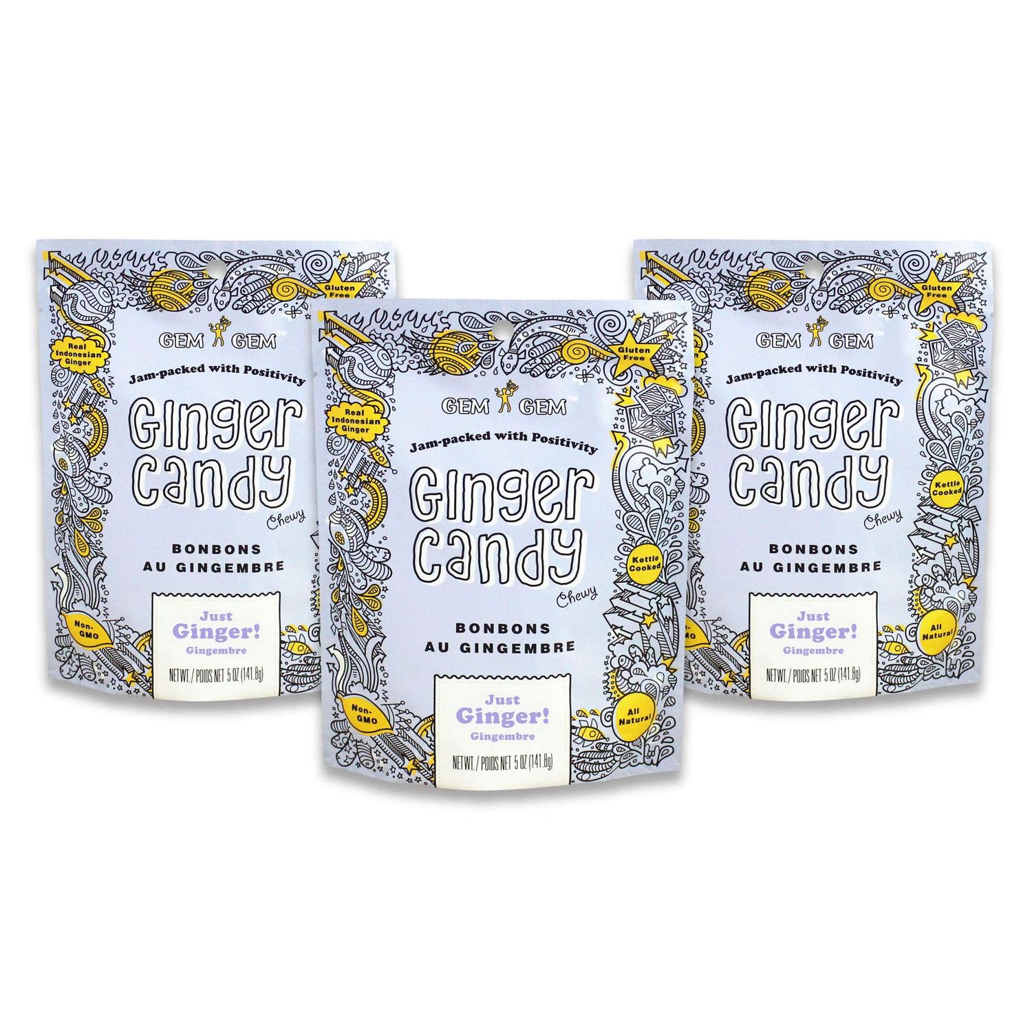 Gem Gem Ginger Candy Chewy Ginger Chews (Original, 5.0oz, Pack of 3)
