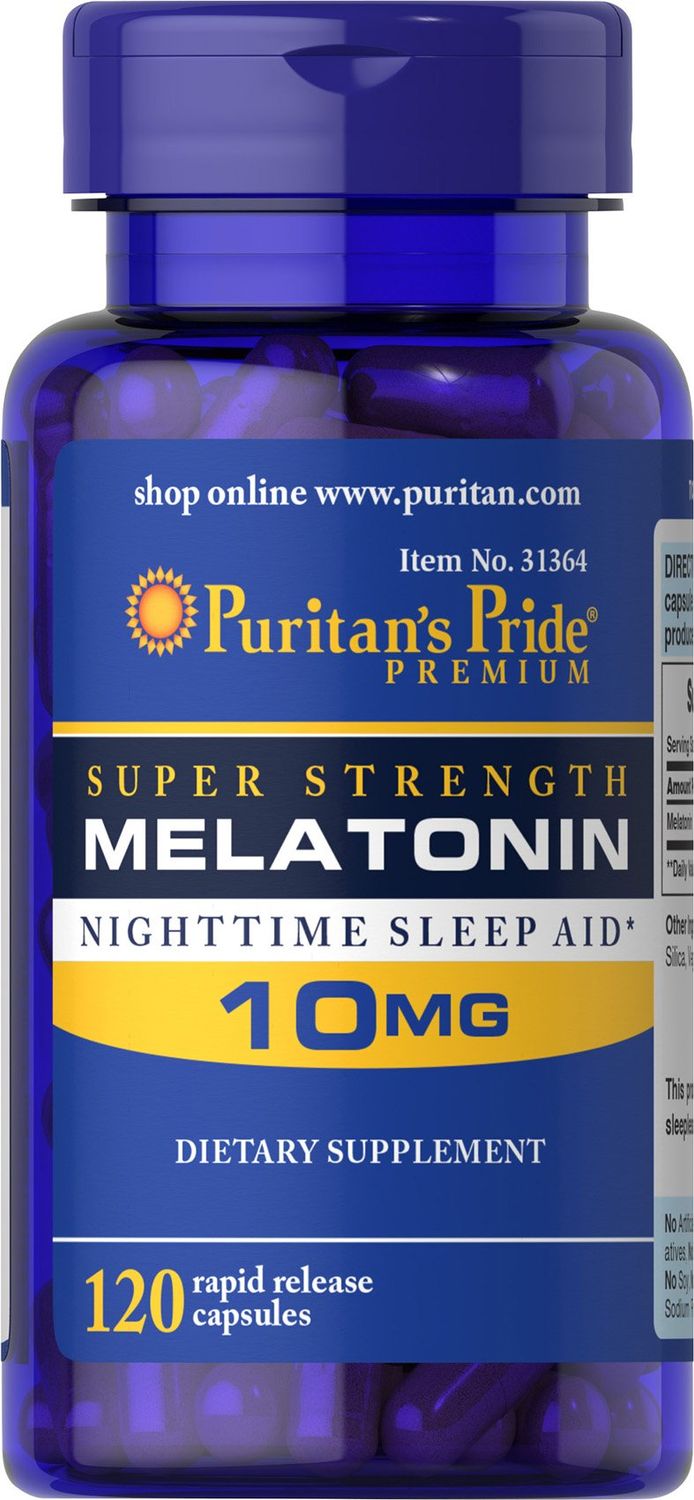 Puritan&#39;s Pride Premium Super Strength Melatonin 10mg Sleep Aid, Dietary Supplement for Sound, Restful, and Longer Sleep Support, 4 Month Supply, 120 Rapid Release Capsules (Packaging May Vary)