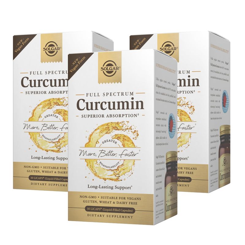 SOLGAR Full Spectrum Curcumin - 30 LiCaps, Pack of 3 - Superior Absorption - Brain, Joint Immune Health - Vegan, Gluten Free, Non-GMO, Dairy Free - 90 Total Servings