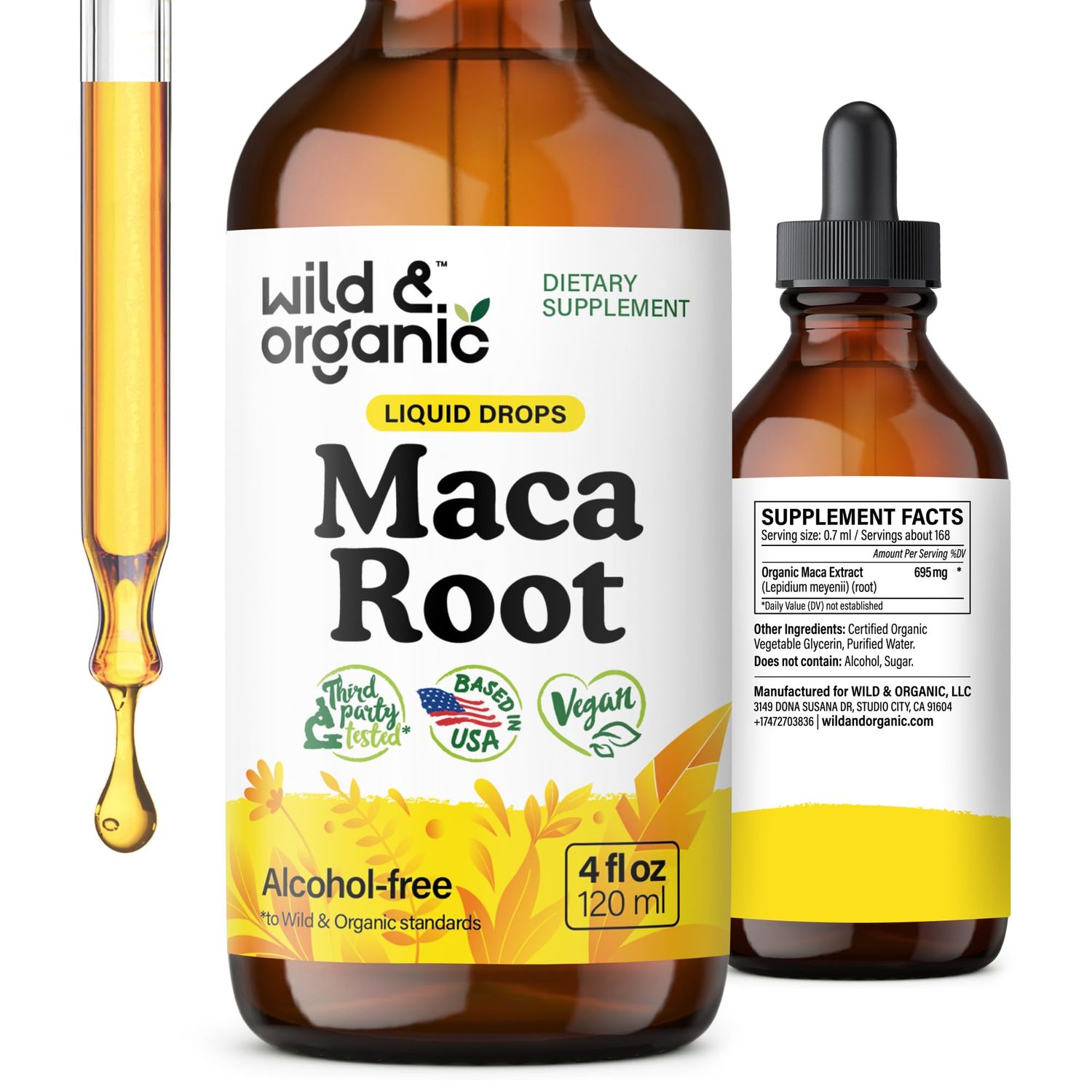 Wild Organic Maca Root Liquid Drops for Men Women - Peruvian Maca Tincture for Overall Support - Vegan, Sugar Alcohol-Free Supplement - 4 fl oz