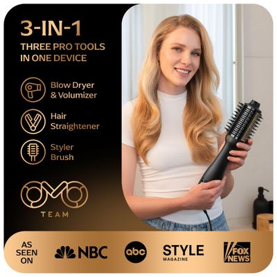 Blowout Brush Hair Dryer, Automatic Dual Voltage 3-in-1 Blow Drying Brush, Ionic Hair Straightener Comb wNo Heat Damage, Light 1.3lb Blowout Tool, Blow Dryer Curling Wand, Hot Air Styler for All Type