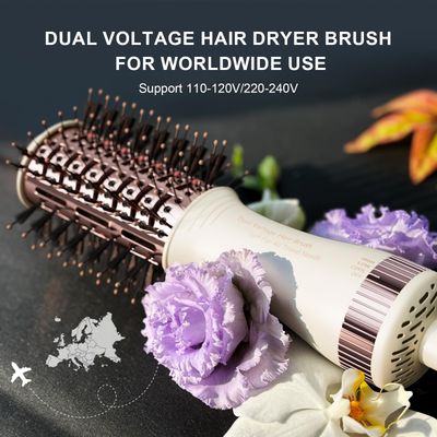 Travel Dual Voltage Hair Dryer Brush 4-IN-1 Portable Mini Hot Air Blow Dryer Straightener Curler Brush, Titanium Round Blowout Styler Volumizer Tools, 110240V USEUUK Plug for International Travel