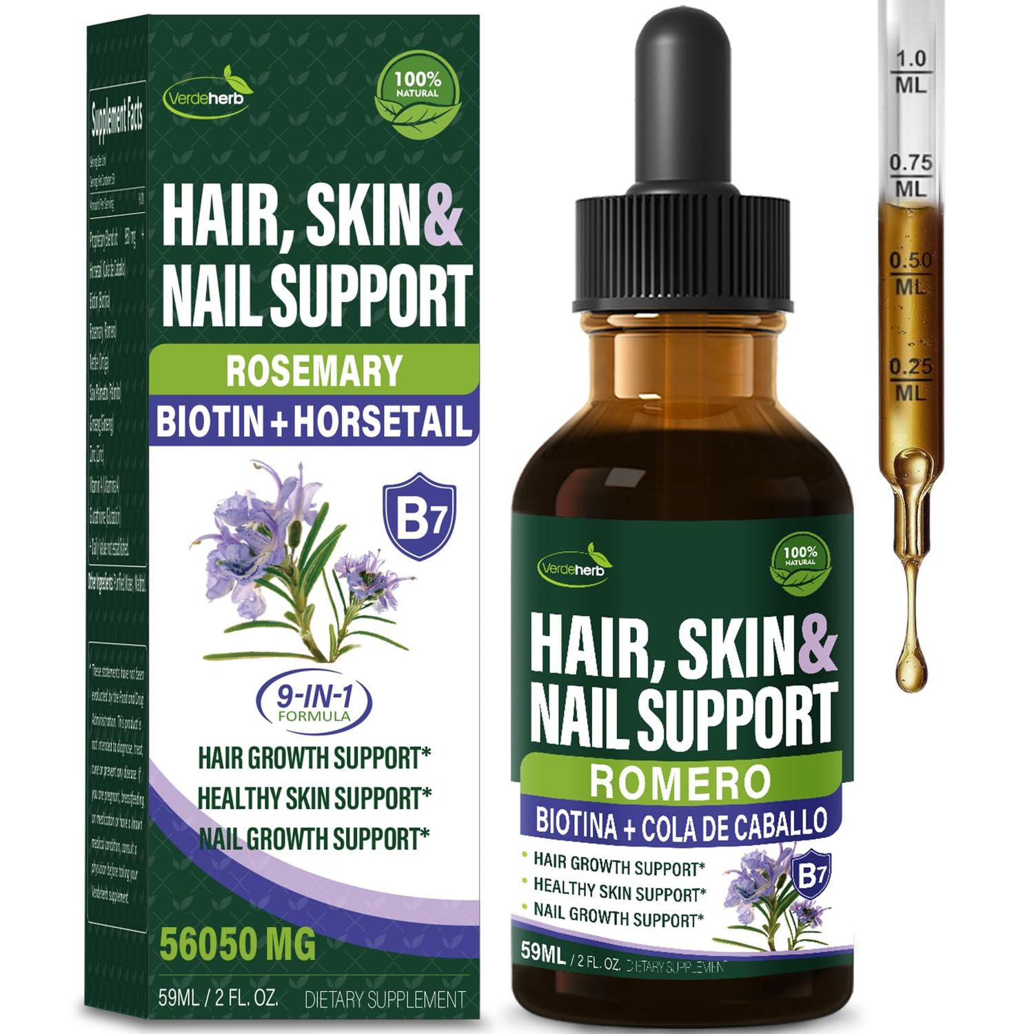 Hair, Skin Nails Growth Drops w Horsetail Herb, Rosemary Biotin Support Hair Loss and Nail Health. Cola de Caballo, Romero, Biotina y Vitamina de Gotas para Crecer el Cabello, Uas y Piel. 2oz