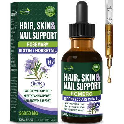 Hair, Skin Nails Growth Drops w Horsetail Herb, Rosemary Biotin Support Hair Loss and Nail Health. Cola de Caballo, Romero, Biotina y Vitamina de Gotas para Crecer el Cabello, Uas y Piel. 2oz