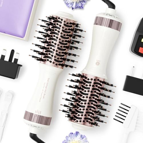 Travel Dual Voltage Hair Dryer Brush 4-IN-1 Portable Mini Hot Air Blow Dryer Straightener Curler Brush, Titanium Round Blowout Styler Volumizer Tools, 110240V USEUUK Plug for International Travel