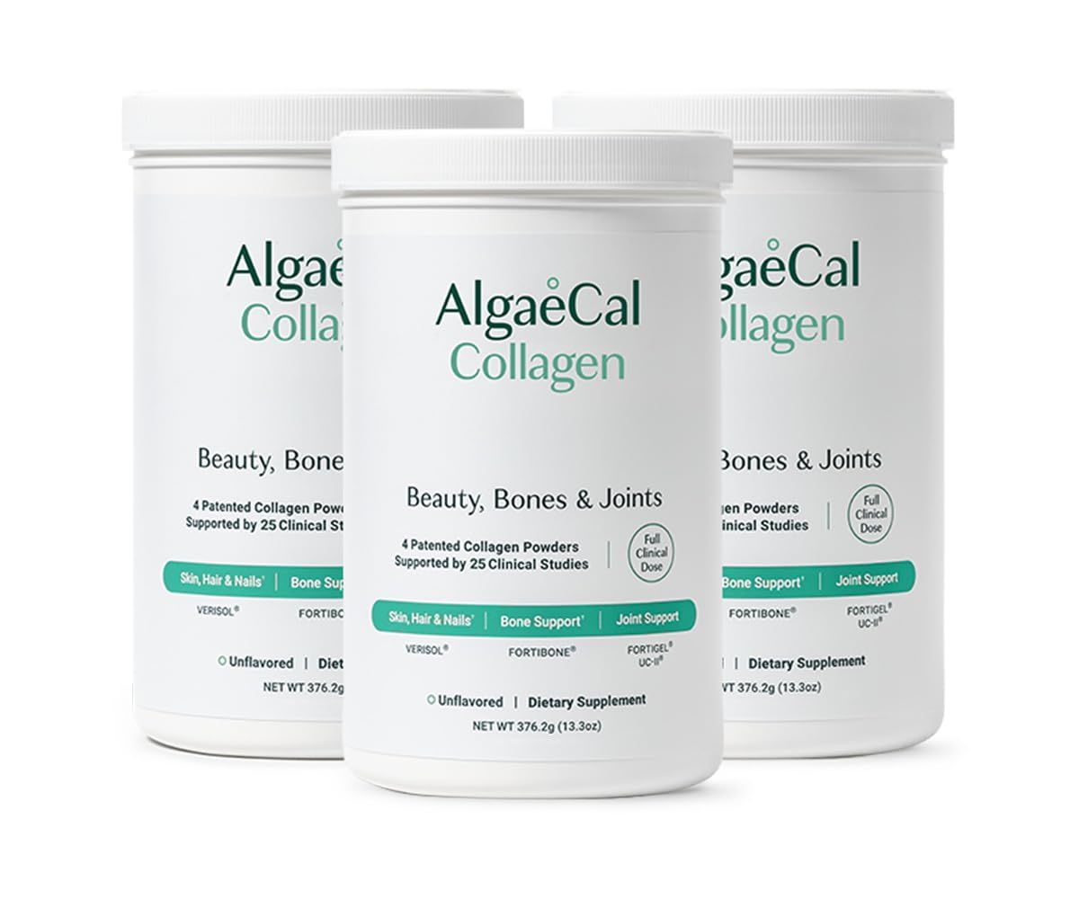 ALGAECAL Collagen: 4 Clinically-Supported Collagen Peptides VERISOL, FORTIGEL, UC-II, FORTIBONE, Anti-Aging Hydrolyzed Collagen Powder, 3 Packs, Made in USA