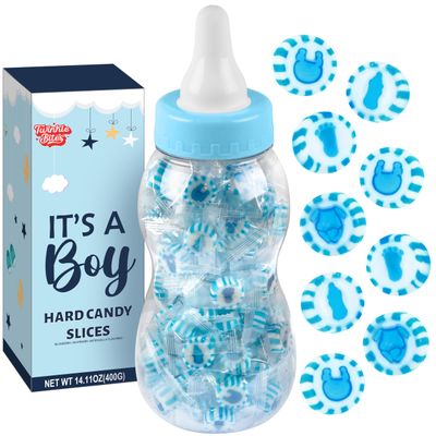100 Pcs Baby Shower Blue Candy - Individually Wrapped - Packed In A Blue Baby Bottle For Boy Baby Shower Decoration- Bulk Candy Use For Gender Reveal, Baby Shower Favors - Its A Boy Candies