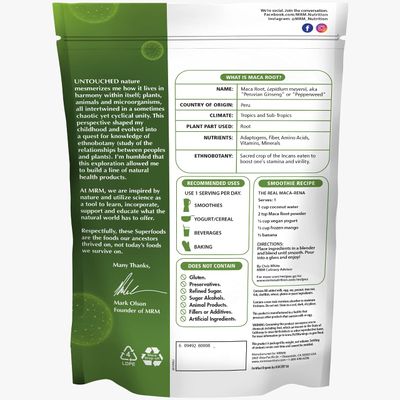MRM Nutrition Organic Maca Root Powder Superfoods Adaptogen Gluten-Free Vegan 40 Servings