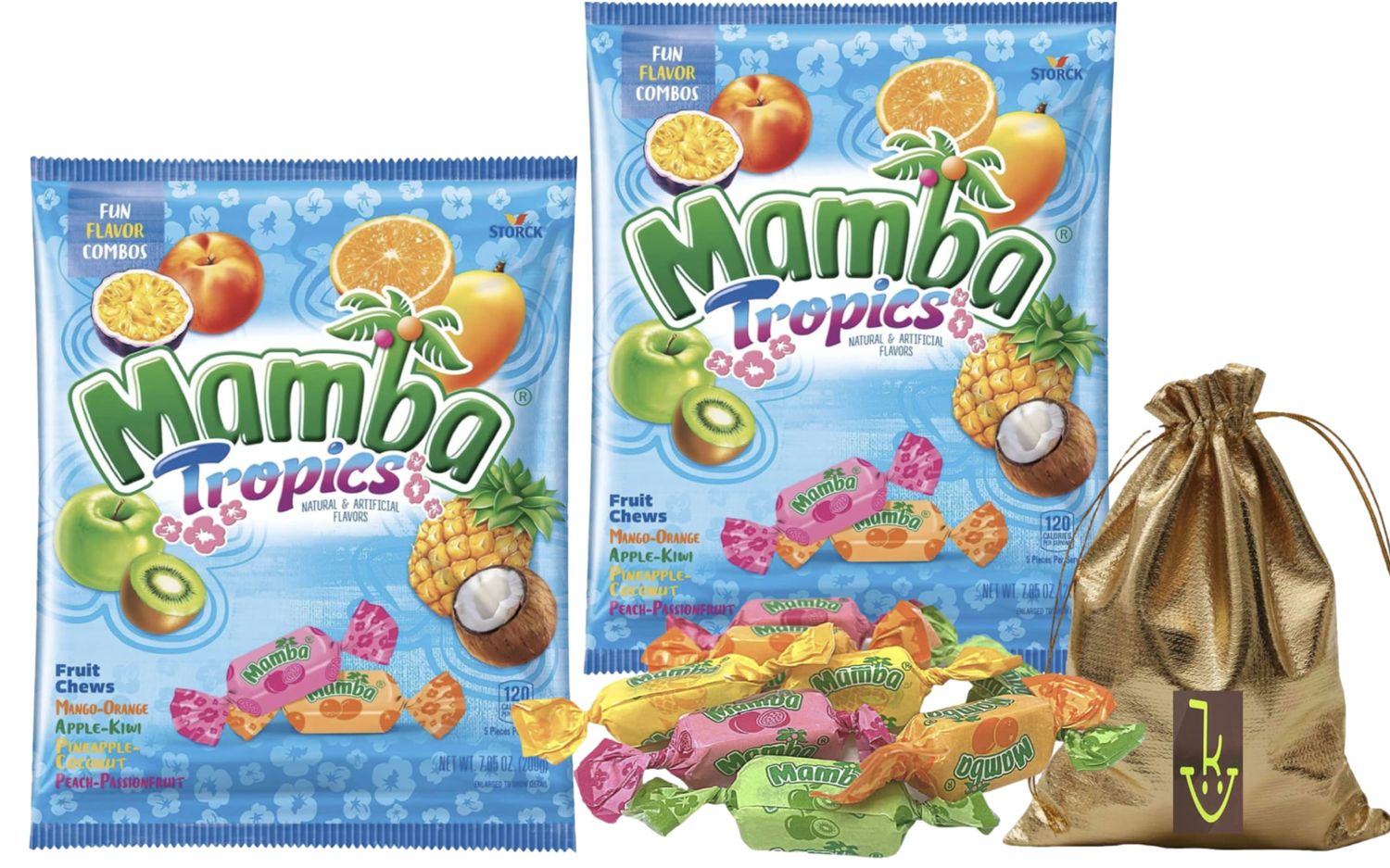 Tropics Assorted Fun flavored Combo Mamba Fruit Chews Individually Wrapped Chewy Candies Mango - Orange, Apple - Kiwi, Pineapple - Coconut, Peach - Passion Fruit Soko Smiles Pocket Bag.
