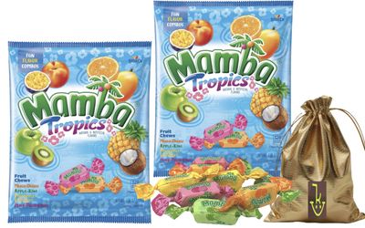 Tropics Assorted Fun flavored Combo Mamba Fruit Chews Individually Wrapped Chewy Candies Mango - Orange, Apple - Kiwi, Pineapple - Coconut, Peach - Passion Fruit Soko Smiles Pocket Bag.