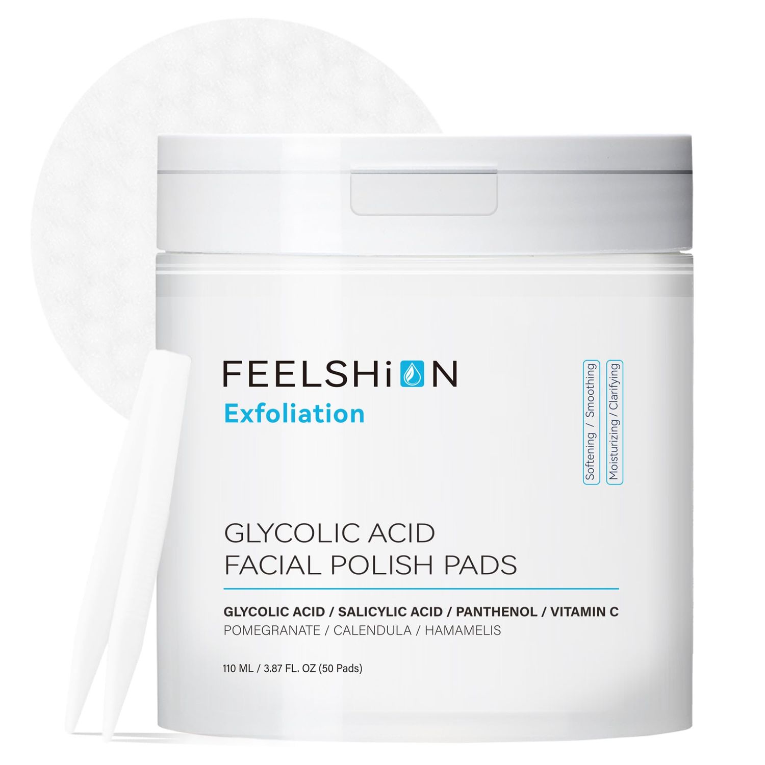 FEELSHION Glycolic Acid Exfoliating Face Pads Exfoliation with Salicylic Acid Vitamins C, E Hydrating Firming with Hyaluronic Acid Calendula Cruelty-Free, Dermatologist-Tested (50 Pads)