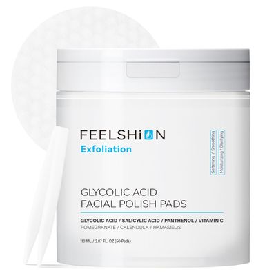 FEELSHION Glycolic Acid Exfoliating Face Pads Exfoliation with Salicylic Acid Vitamins C, E Hydrating Firming with Hyaluronic Acid Calendula Cruelty-Free, Dermatologist-Tested (50 Pads)