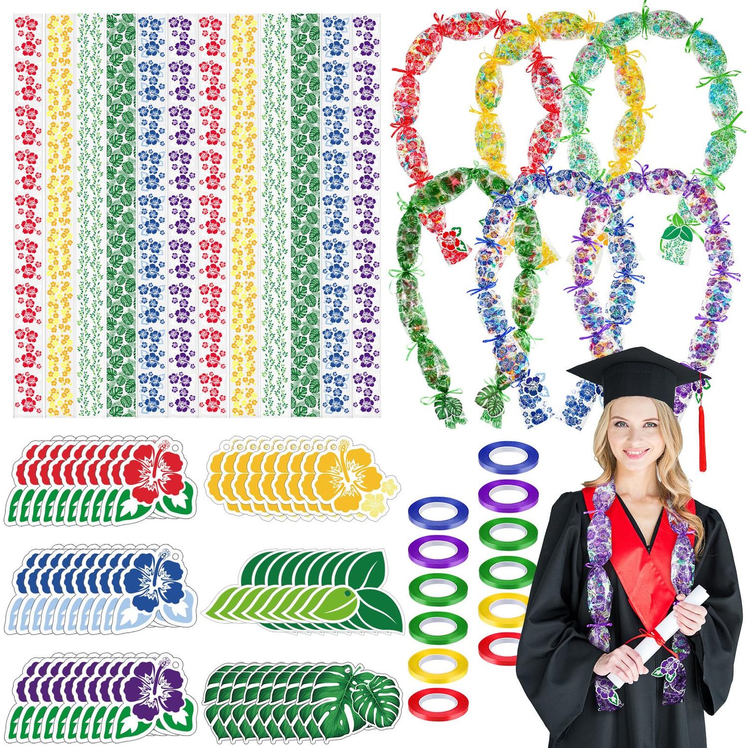 Kisston 12 Set Candy Lei Kit for Graduation 2025 Hawaiian Candy Lei Making Kit Includes Candy Lei Tubing Ribbons Cards for Party Graduate Gifts