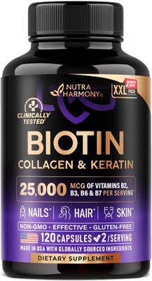 Biotin Collagen Keratin - Clinically Tested Supplement - Hair Growth Support, Skin Nails - 25000 mcg Vitamins B2, B3, B6 B7 B1 Hyaluronic Acid - Made in USA - Women Men 120 Capsules