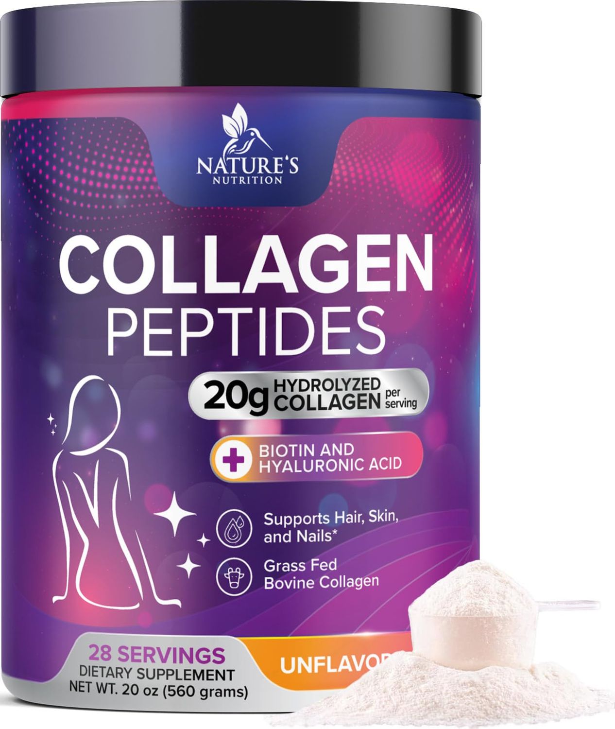 Collagen Peptides Powder for Women Men - Hydrolyzed Type 1 3 Collagen Powder Hyaluronic Acid - Vital Support for Hair, Nail, Skin, Bone Joint Health - Zero Sugar, Unflavored - 28 Servings