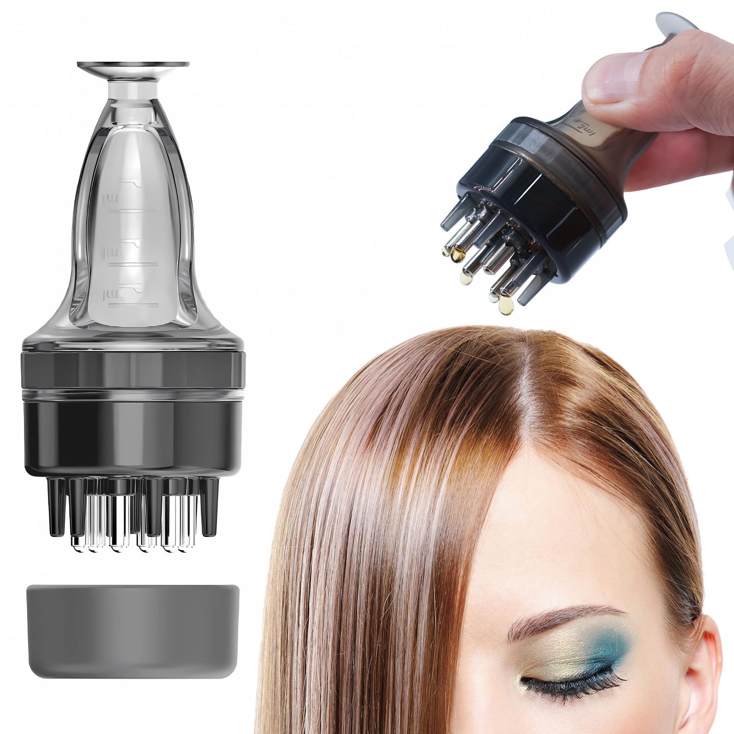 Hair Oil Applicator Bottle with Root Comb and Scalp Massager for Hair Growth (Transparent Grey)