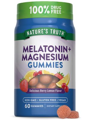 Nature&#39;s Truth Melatonin with Magnesium Gummies 60 Count Berry Lemon Flavor Vegan, Non-GMO Gluten Free Supplement